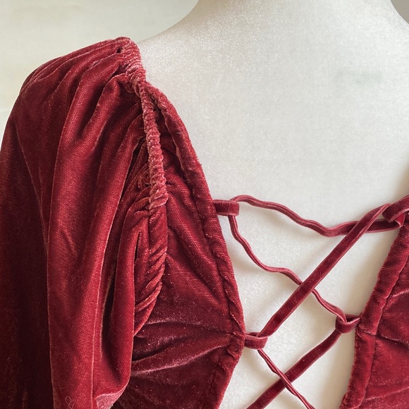 Free People Velvet Smocked Tunic Dress Wine Red Size S Dark Academia - Picture 6 of 14